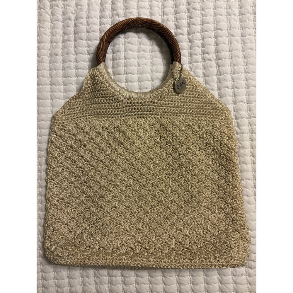 The Sak Cream Crochet Satchel with Brown Wood Handles